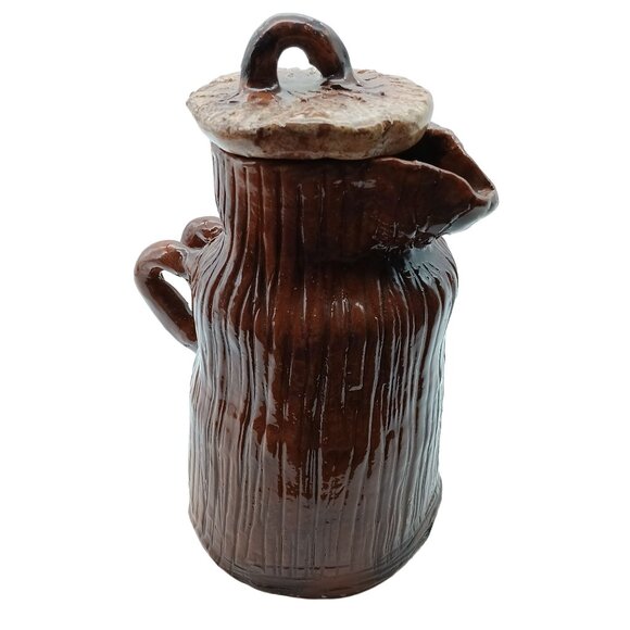 Vintage Handcrafted Studio Pottery Jug With Lid and Double Handle, Rough Bark - Picture 6 of 6